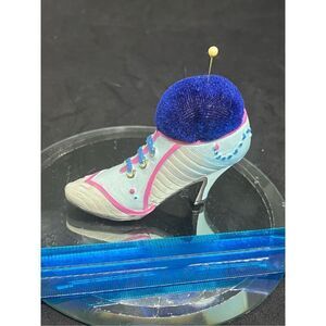 Vintage Small Ceramic Victorian Boot Or Shoe Shaped Pin Cushion about 4" Tall